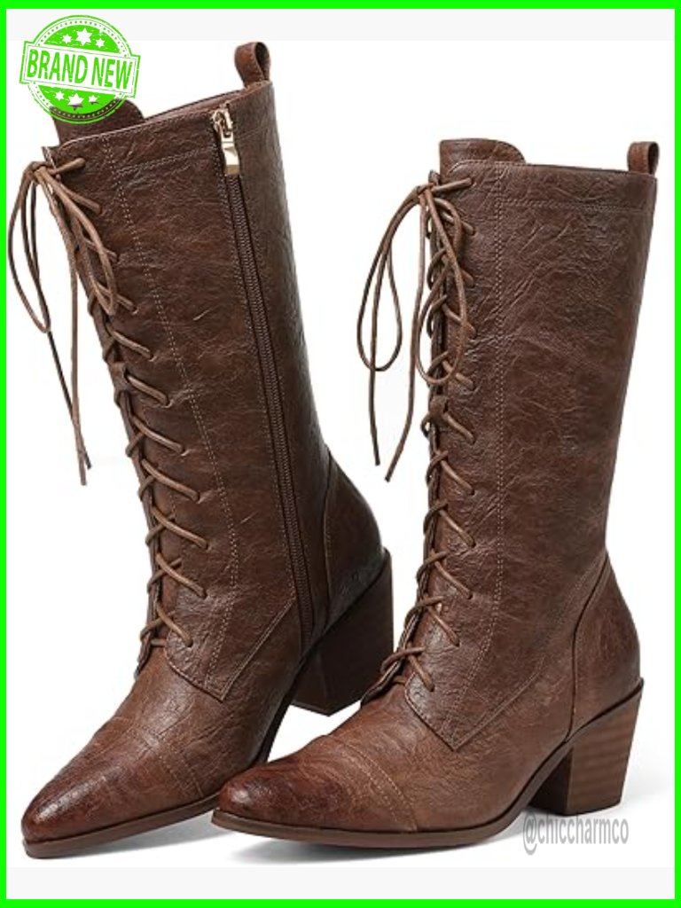 Mid Calf Lace Up Chunky Heel Combat Boots